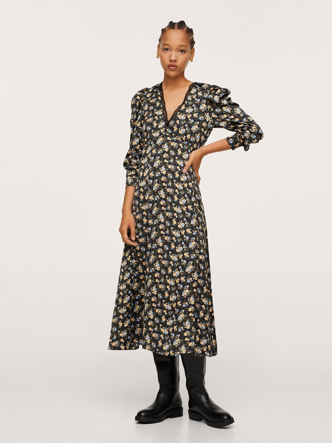 

MANGO Women Black & Yellow Floral Printed A-Line Midi Dress