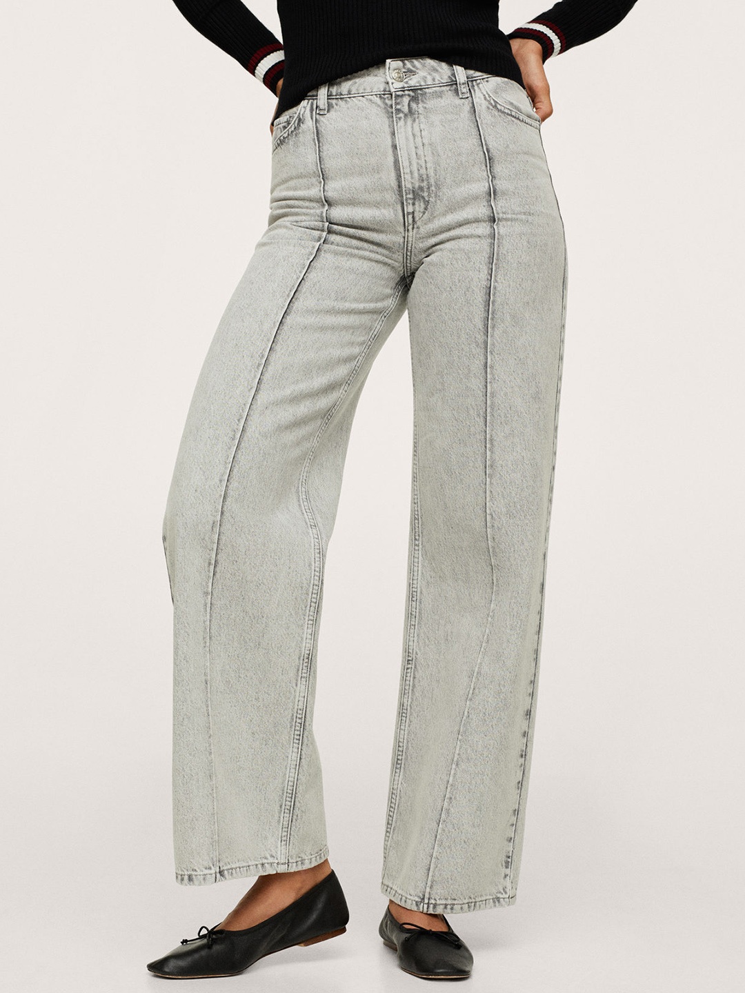 

MANGO Women Grey Wide Leg High-Rise Pure Cotton Jeans