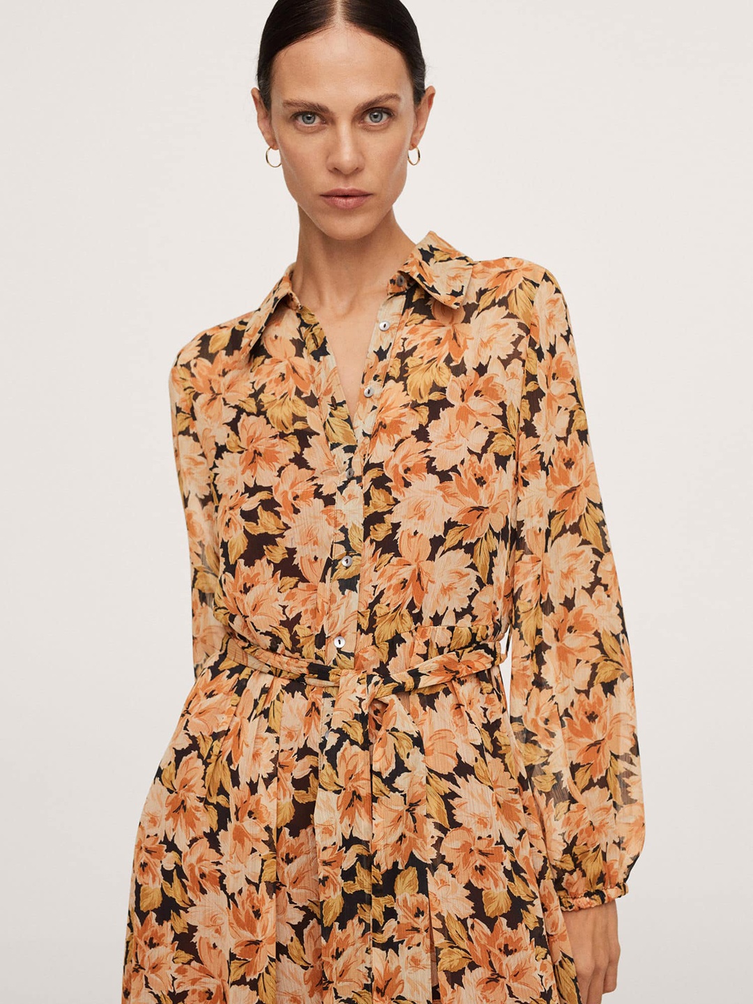 

MANGO Women Orange & Black Floral A-Line Midi Dress