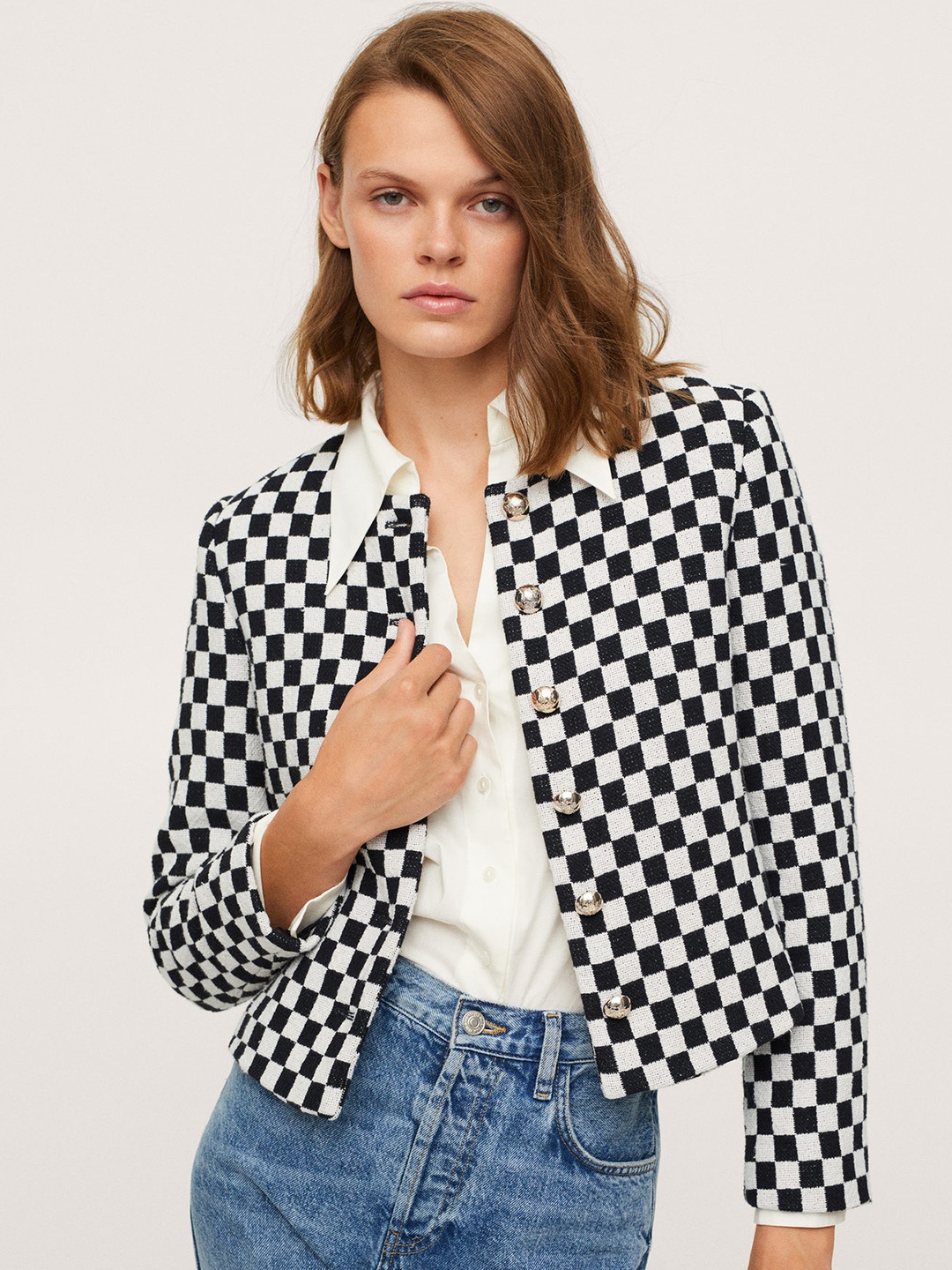 

MANGO Women Black White Checked Tailored Jacket