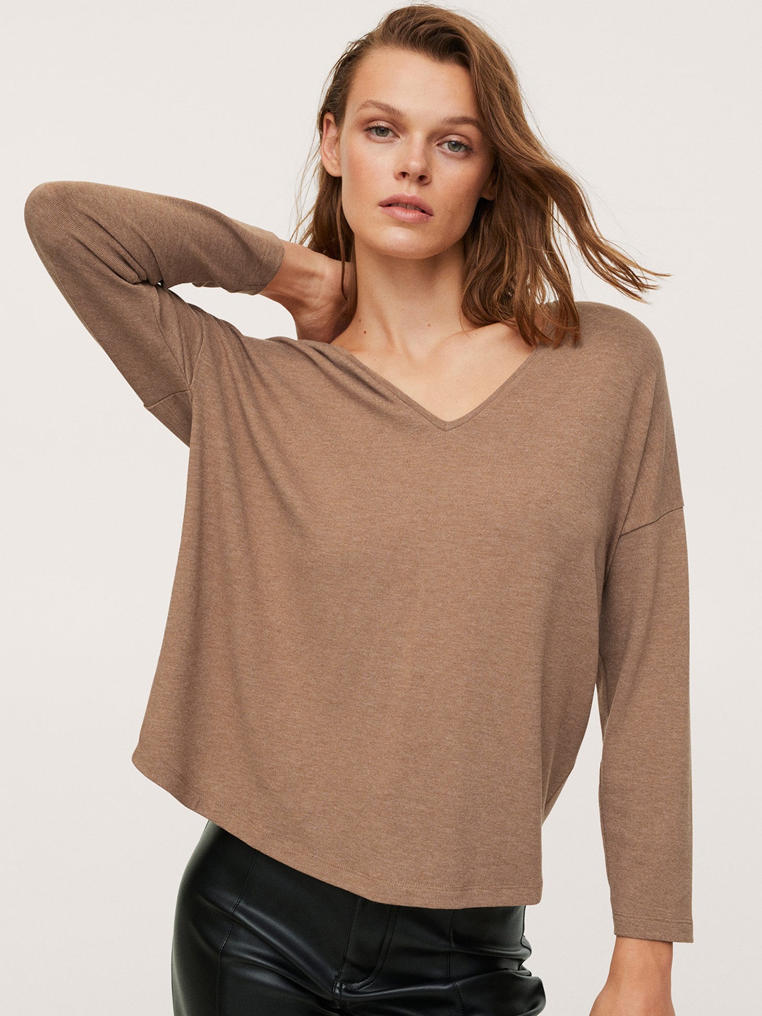 

MANGO Women Brown Solid V-Neck Drop-Shoulder Sleeves T-shirt