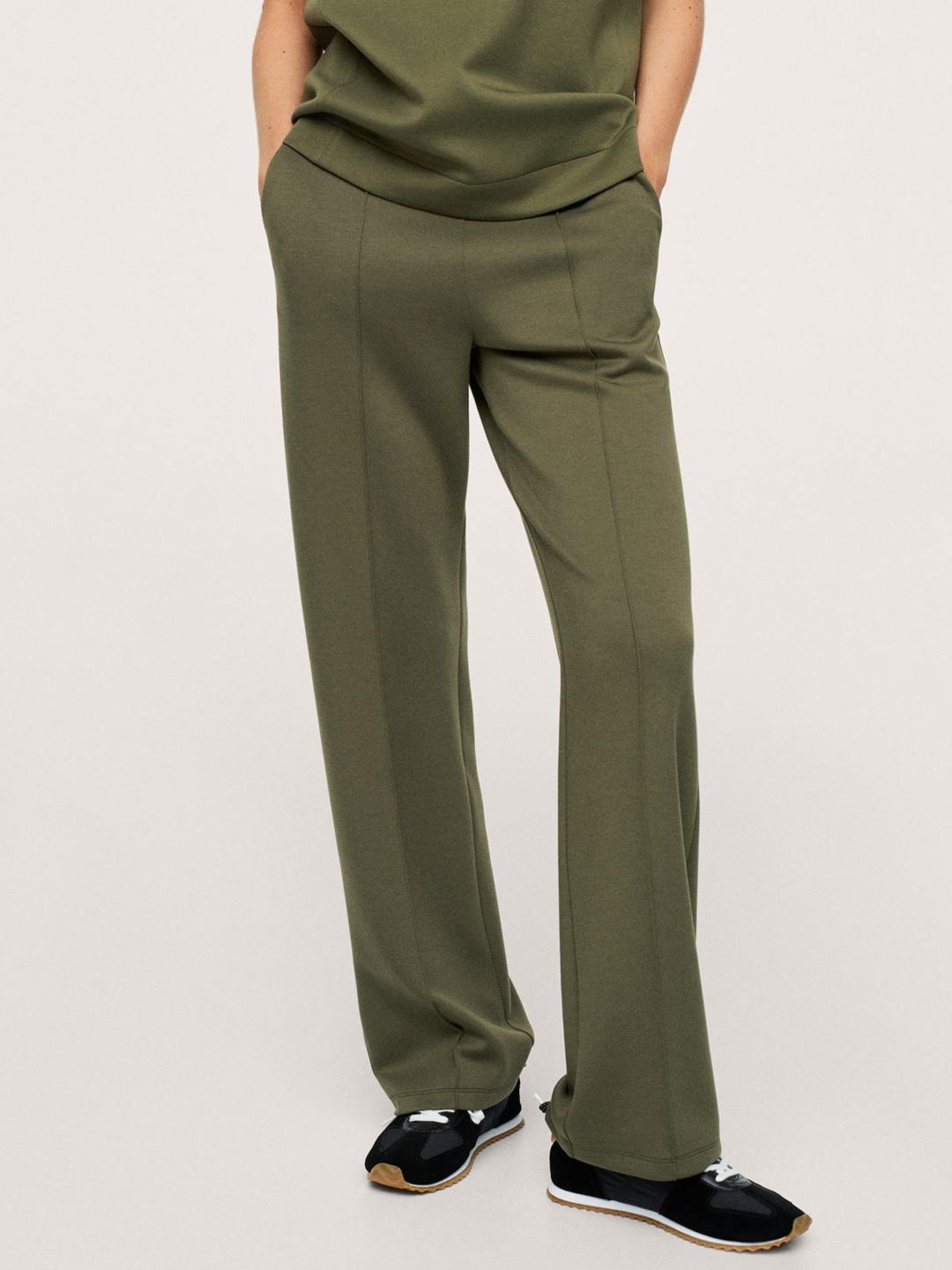 

MANGO Women Olive Green Pleated Parallel Trousers