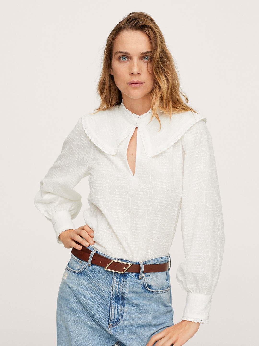 

MANGO White Embroidered Mandarin Collar Top