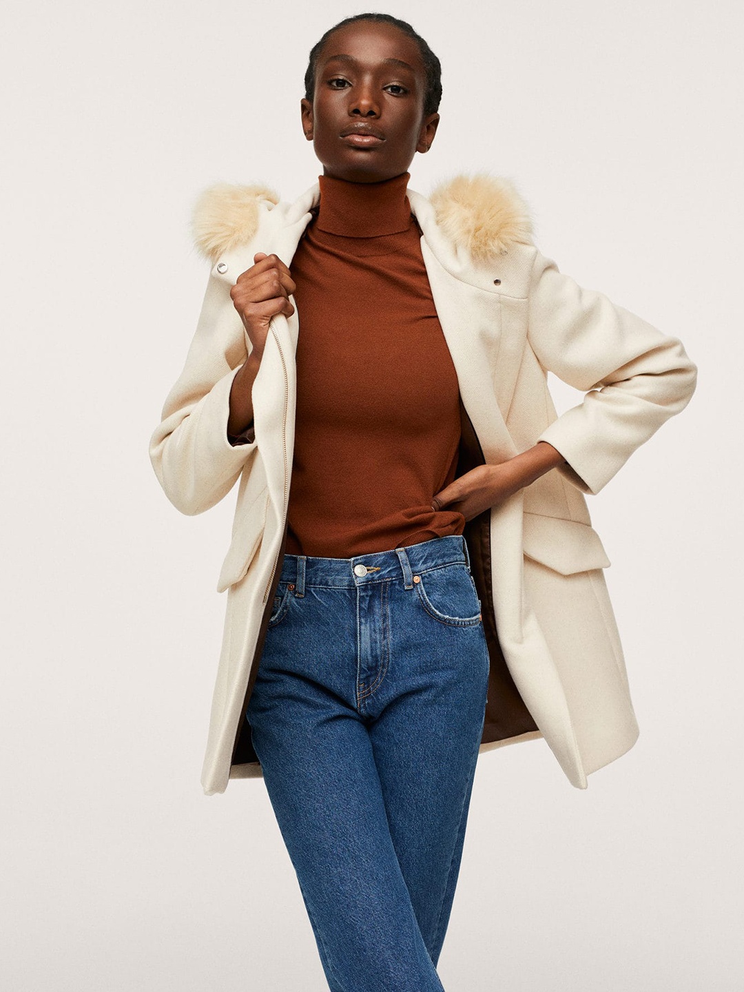 

MANGO Women Off-White Solid Longline Hooded Coat