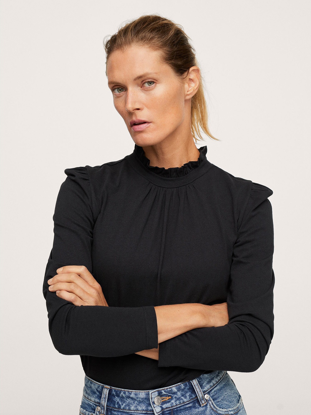 

MANGO Black Pure Cotton Solid Ruffles Regular Top