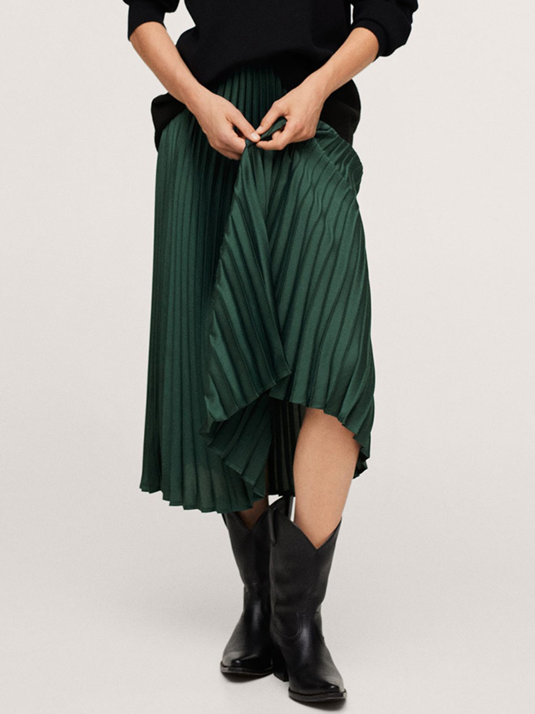 

MANGO Women Green Accordion Pleated Midi Flared Skirt