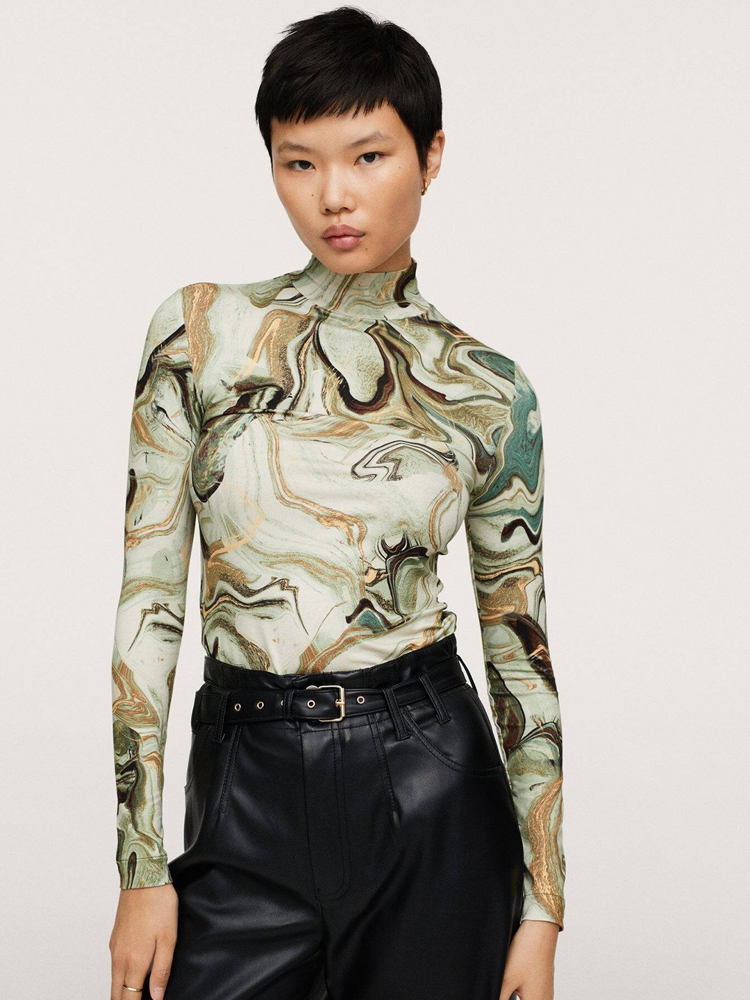 

MANGO Women Green & Beige Printed Fitted Top