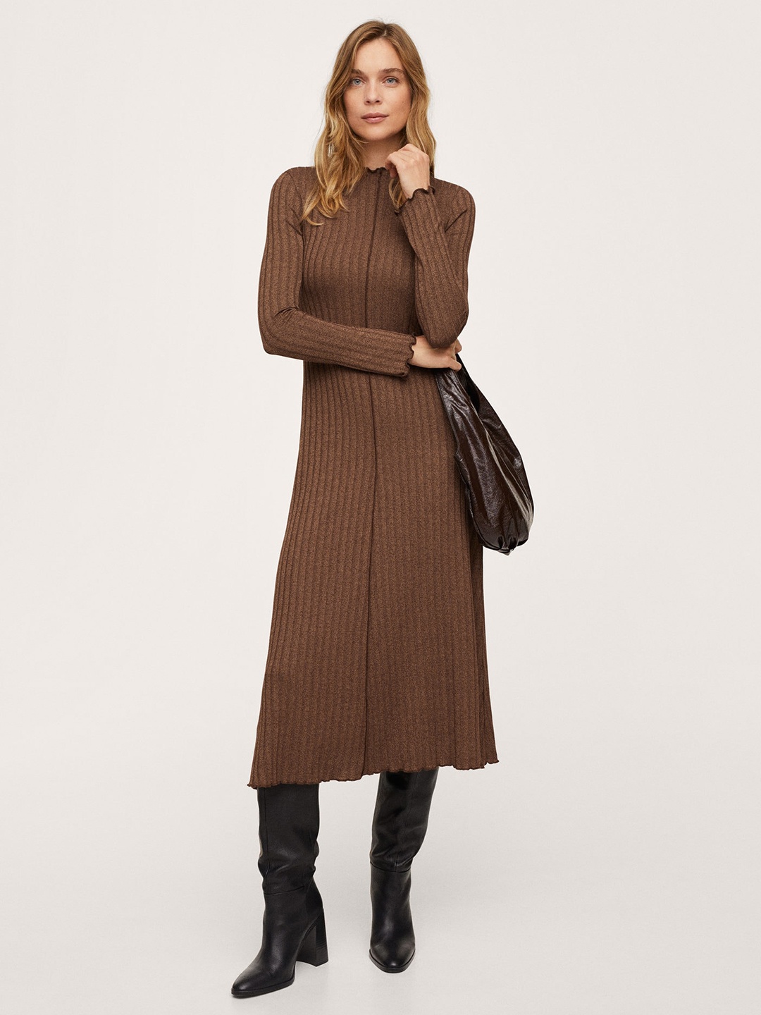 

MANGO Women Brown A-Line Ribbed Midi Dress