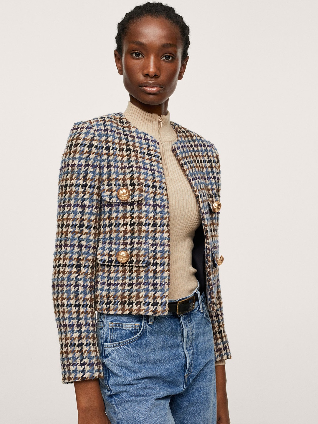 

MANGO Women White Beige Crop COLORI Tailored Jacket
