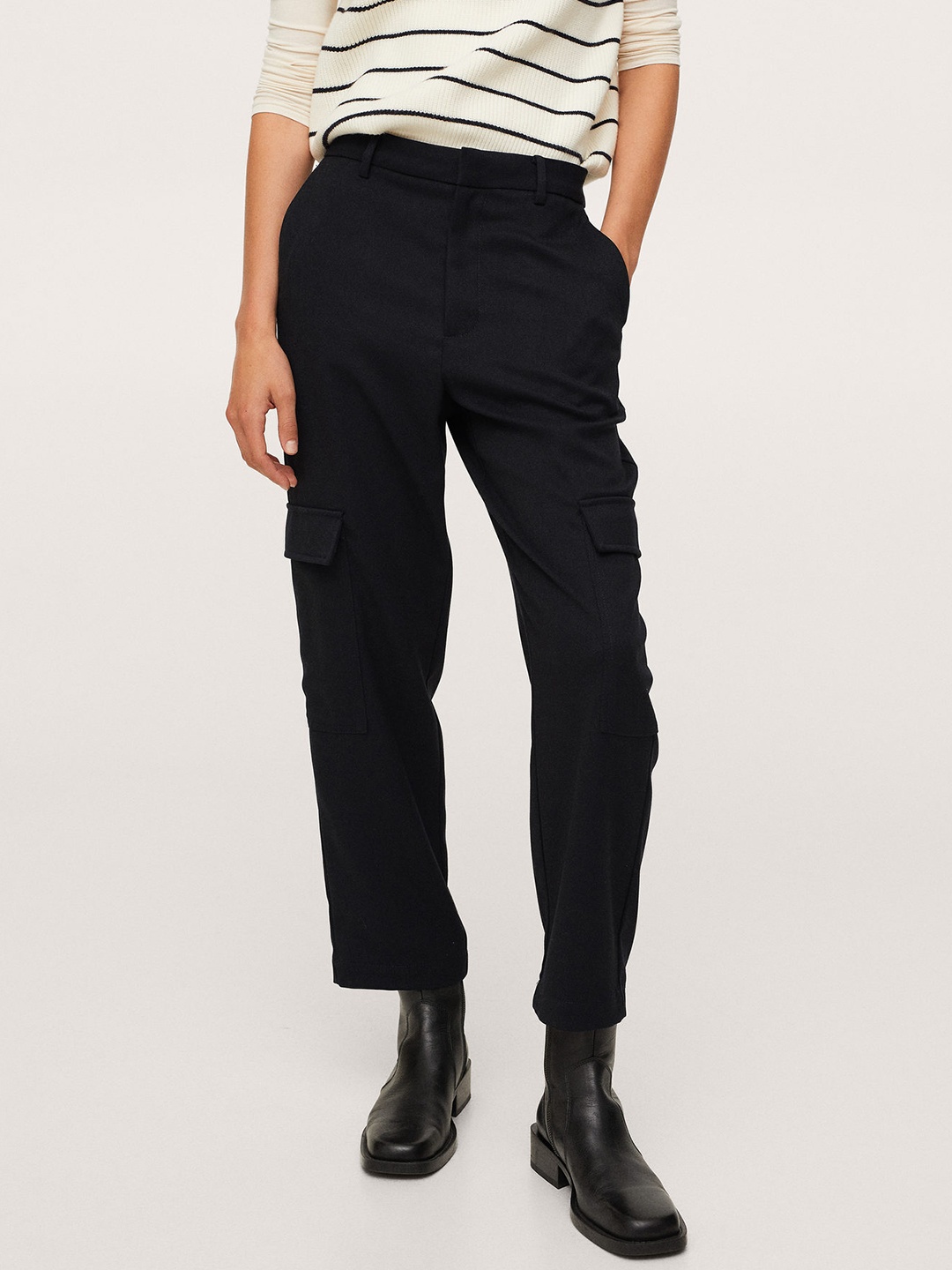 

MANGO Women Black Solid Cargos Trousers