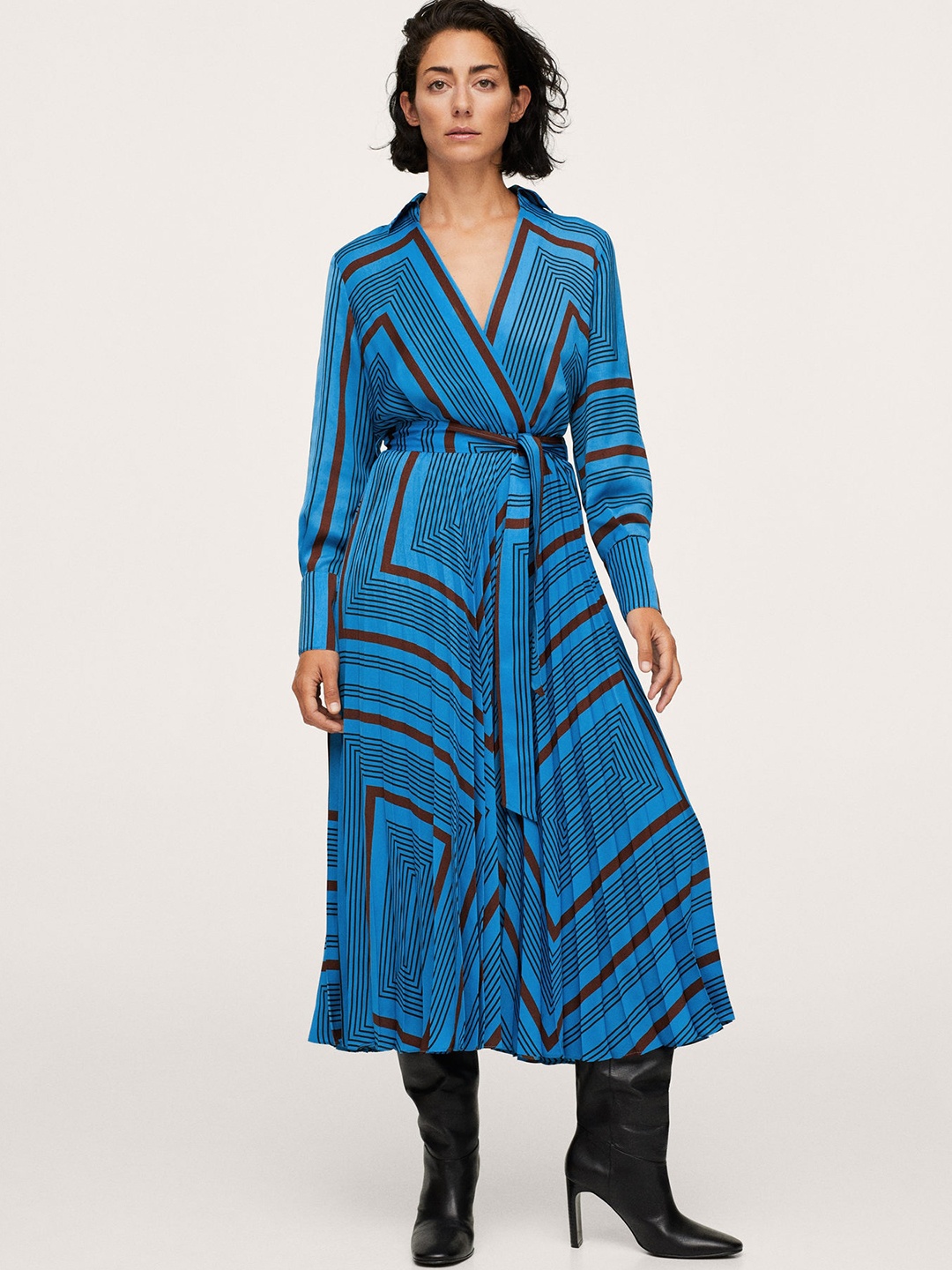 

MANGO Women Blue & Brown Striped Midi Dress with a Belt