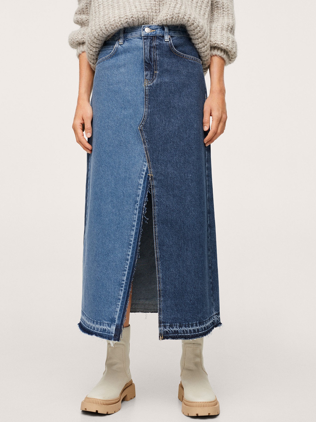 

MANGO Women Blue Washed Denim Pure Cotton Straight Midi Skirt