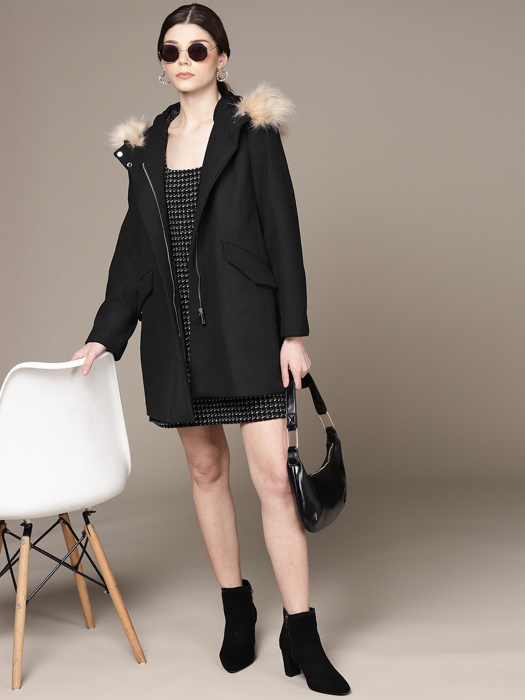 

MANGO Women Black Solid Open Front OverCoat With Hood