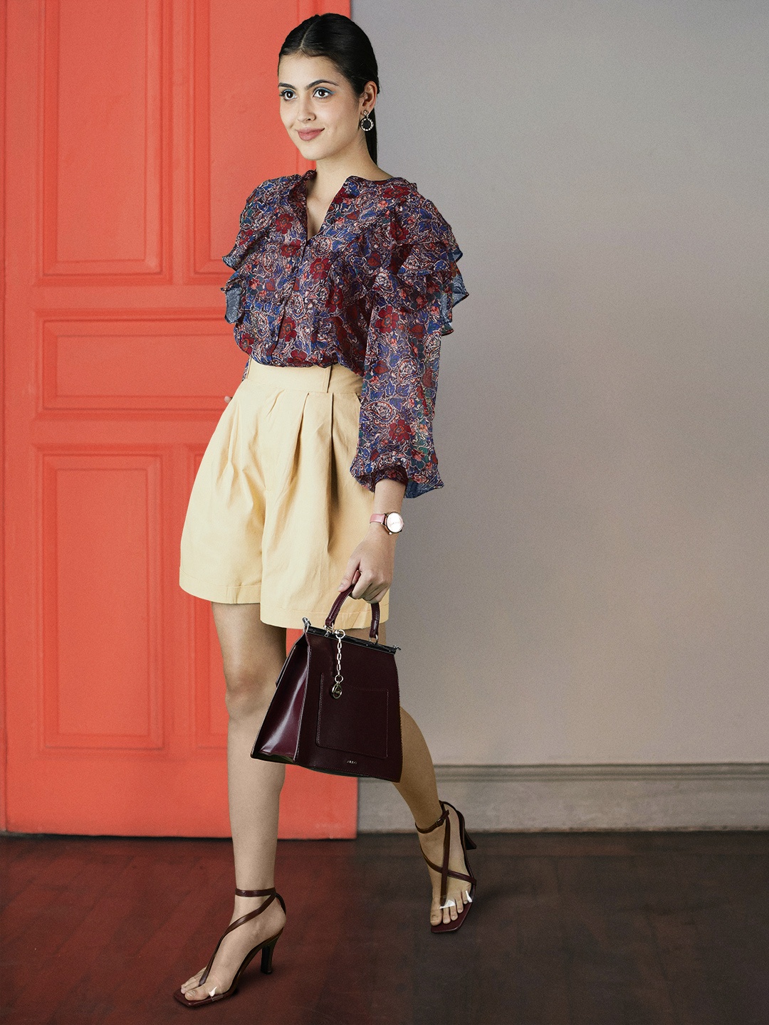 

MANGO Women Red & Blue Floral Printed Ruffles Sheer Shirt Style Top