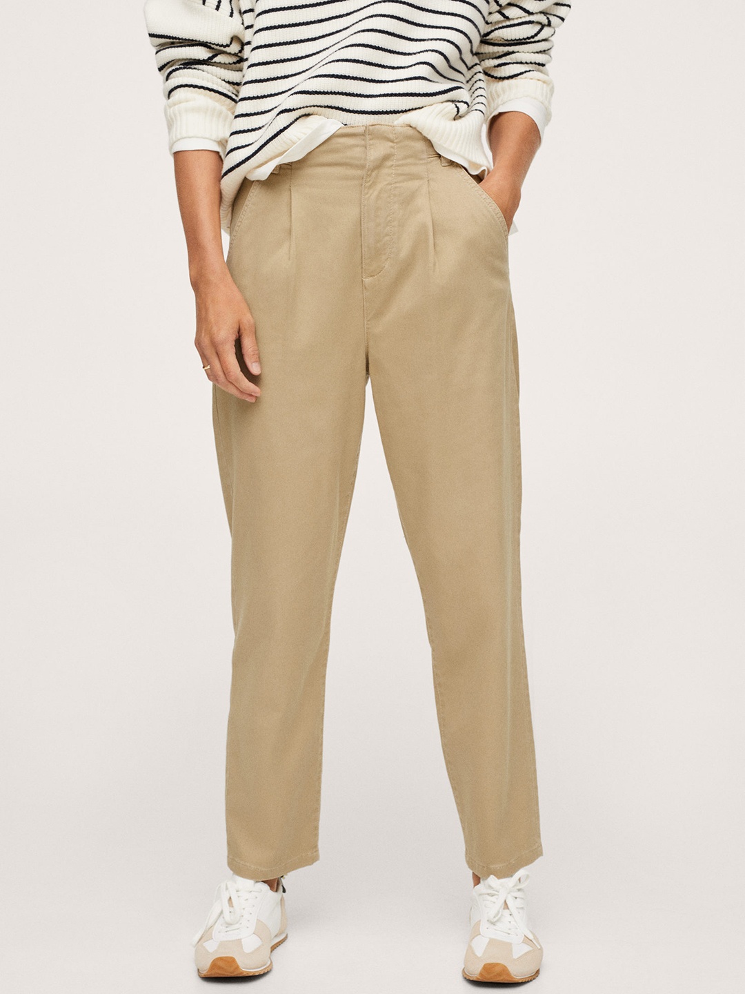 

MANGO Women Beige Slouchy Fit Solid High-Rise Regular Trousers