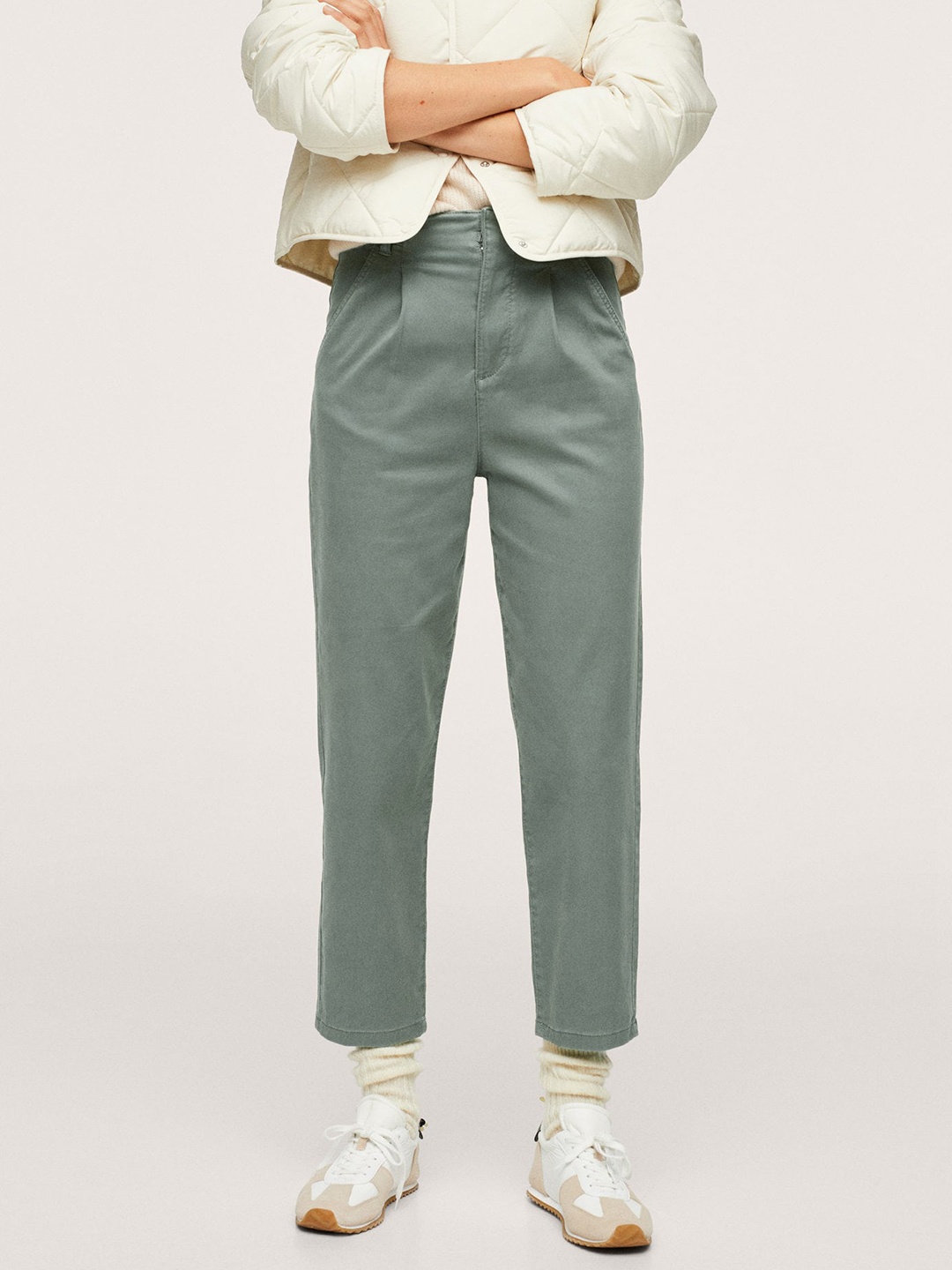 

MANGO Women Green Solid Pleated Chinos