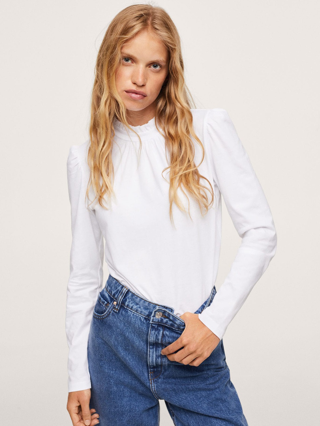 

MANGO Women White Cotton Solid Top with Ruffles Detail