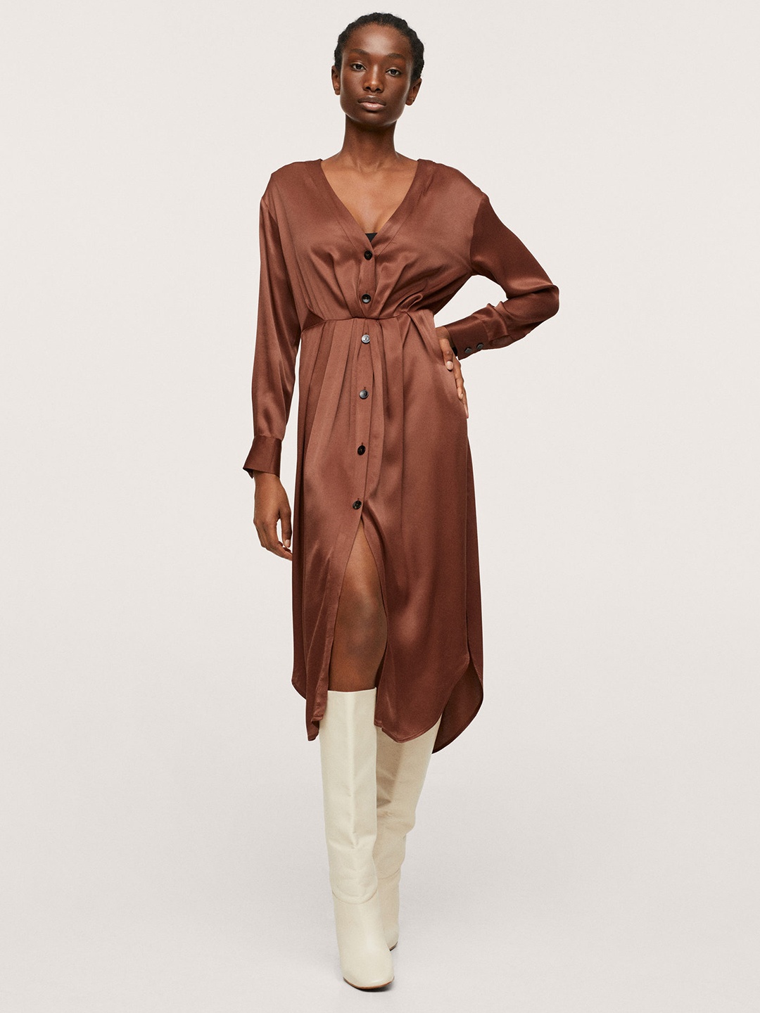 

MANGO Brown Satin Midi Dress A-Line