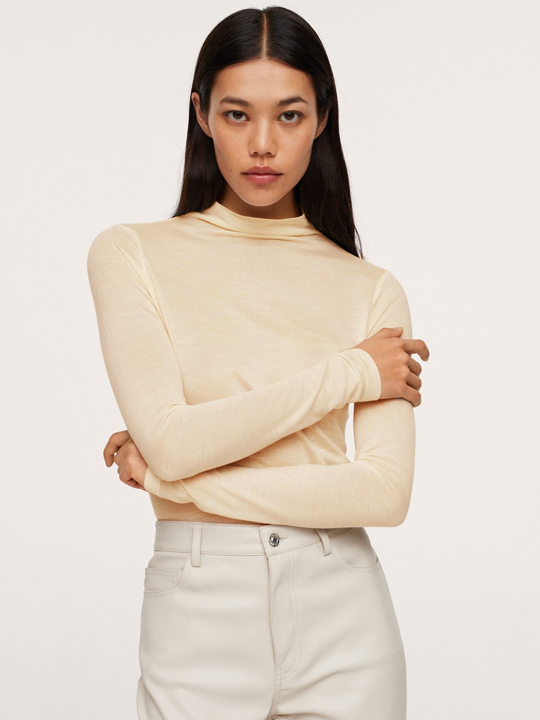 

MANGO Women Off White High Neck T-shirt