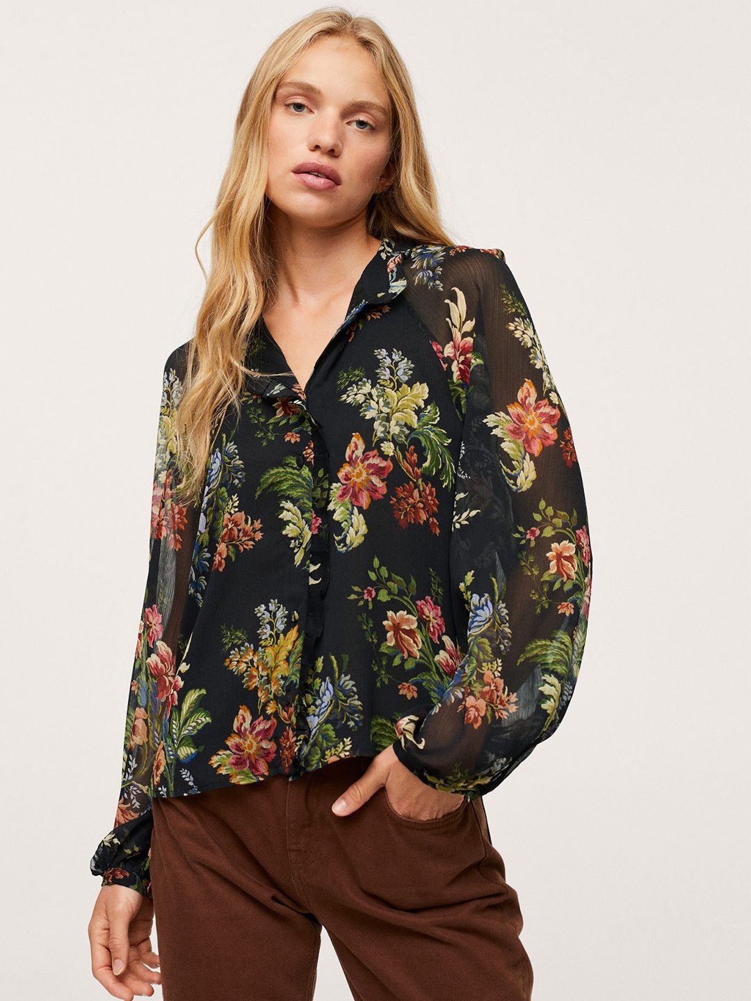 

MANGO Black & Green Floral Regular Top