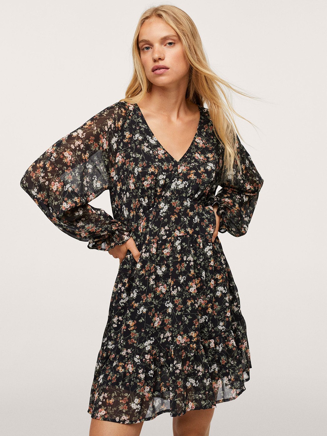 

MANGO Women Black & White Floral Printed Tiered Empire Dress