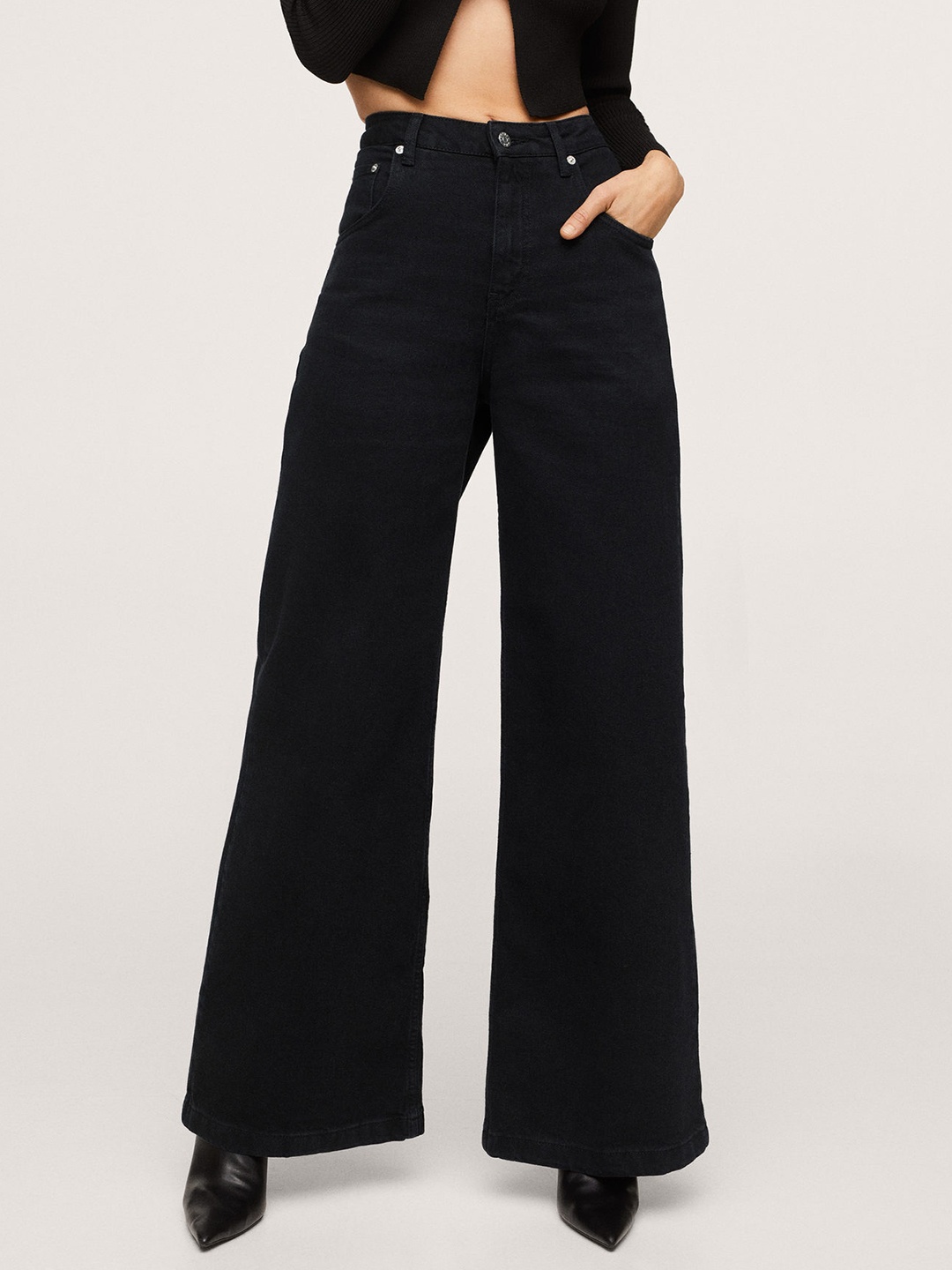 

MANGO Women Black Wide Leg High-Rise Jeans