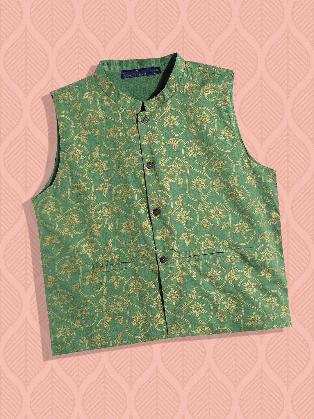 

House of Pataudi Boys Green Woven Design Pure Cotton Nehru Jacket