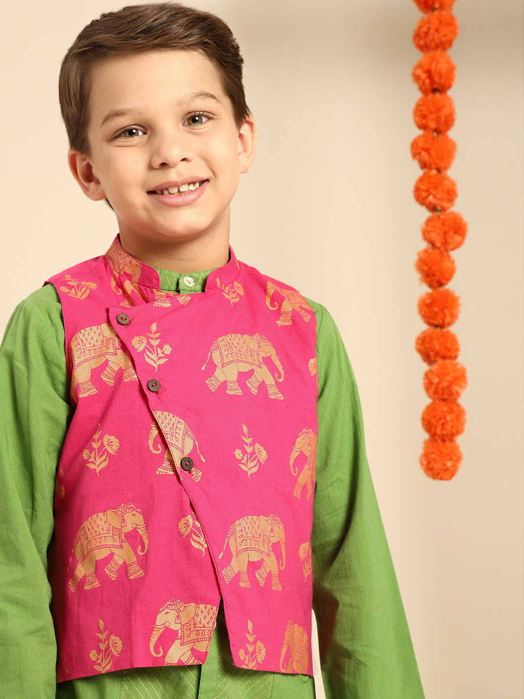 

House of Pataudi Boys Pink & Gold-Toned Printed Cotton Nehru Jacket