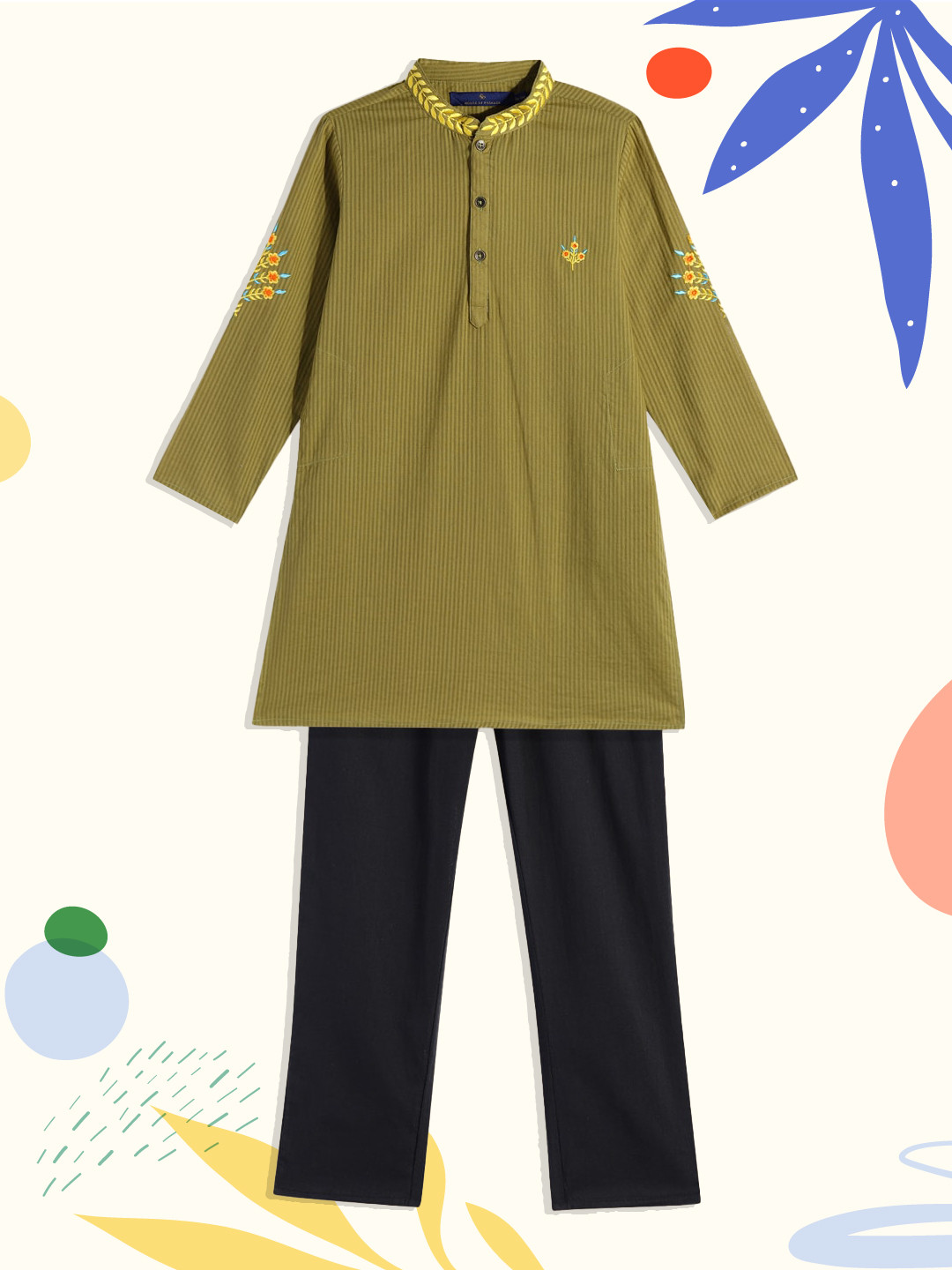 

House of Pataudi Boys Olive Green Striped Thread Work Pure Cotton Rozana Kurta & Trousers