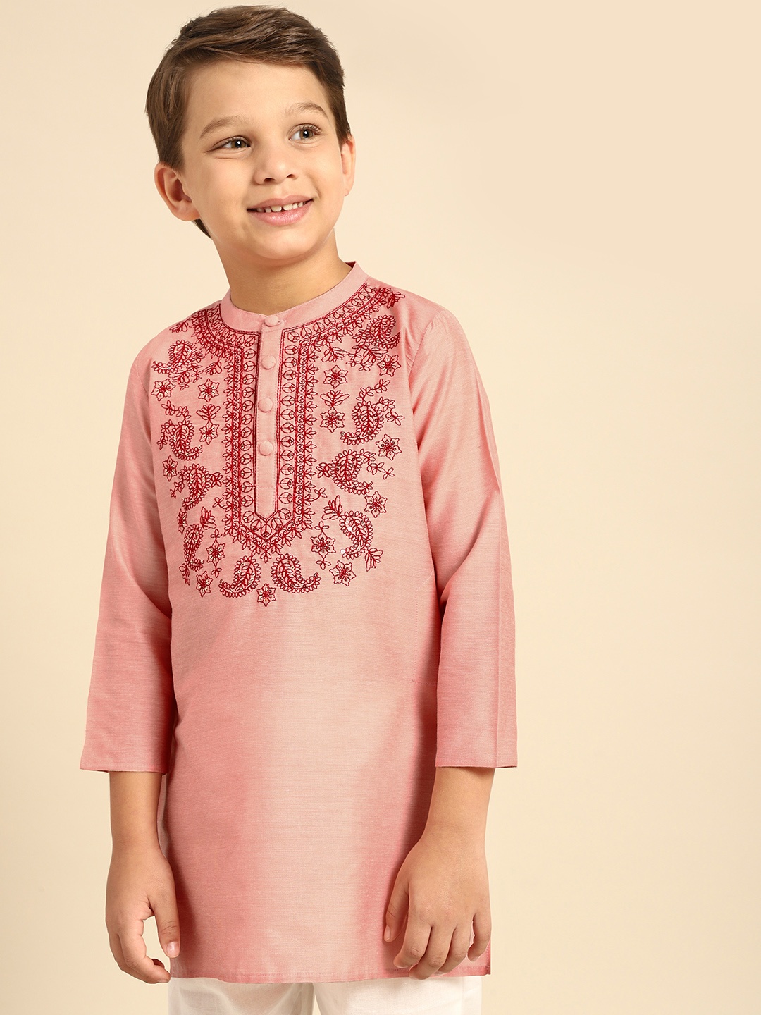 

House of Pataudi Boys Peach-Coloured Ethnic Motifs Embellished Kurta