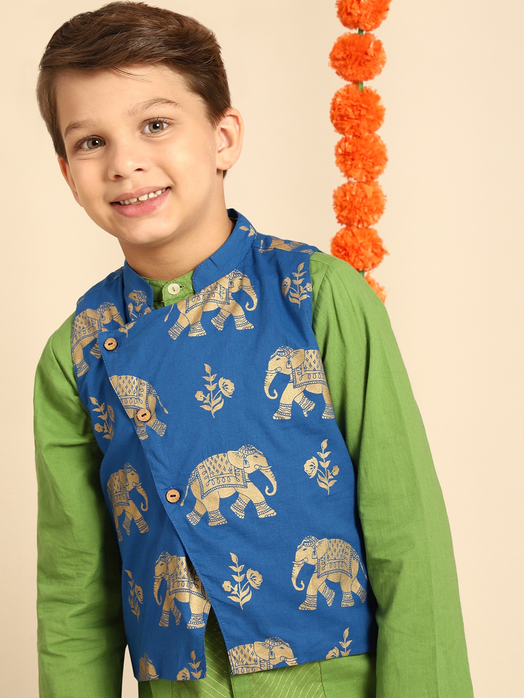 

House of Pataudi Boys Blue & Gold-Toned Printed Pure Cotton Nehru Jacket