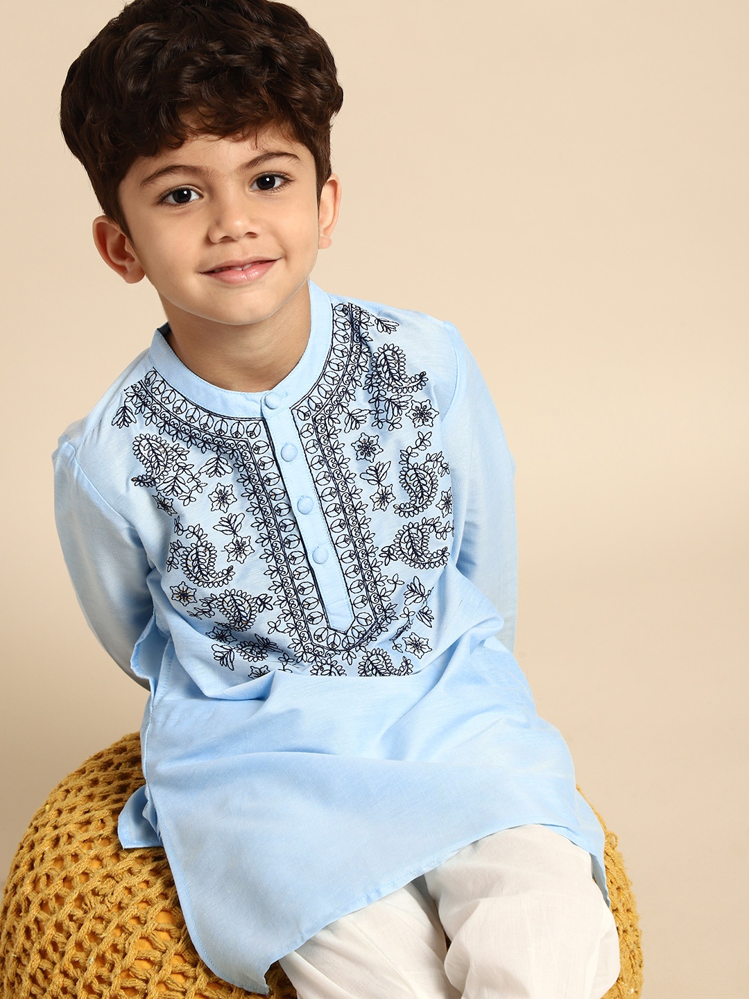 

House of Pataudi Boys Blue Ethnic Motifs Yoke Design Kurta