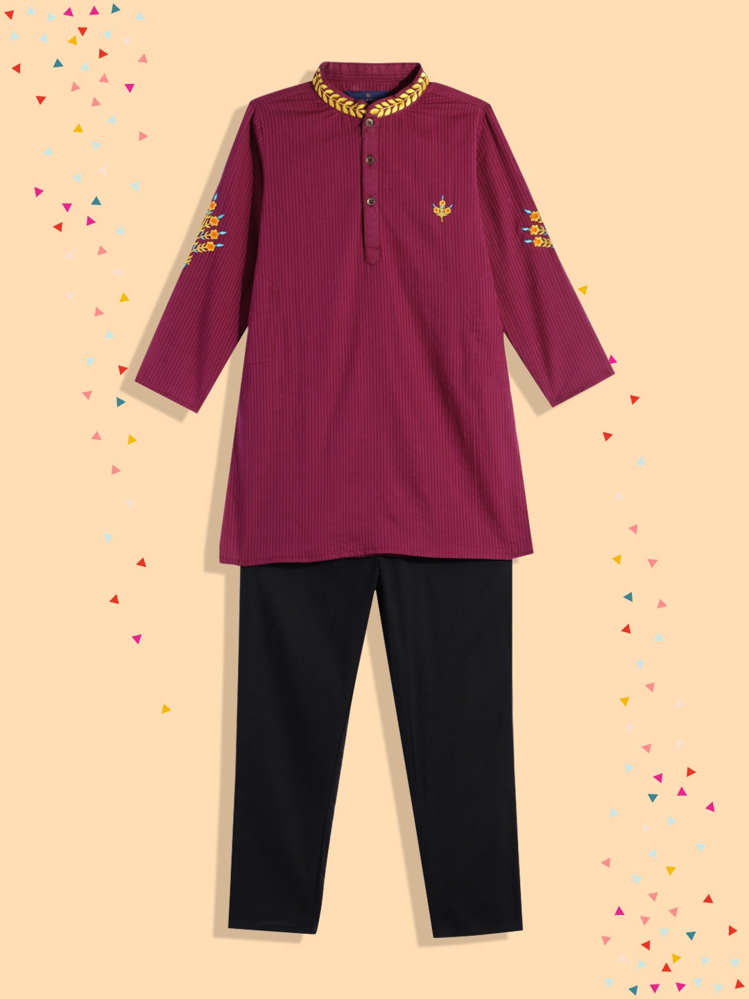 

House of Pataudi Boys Burgundy Striped Thread Work Pure Cotton Rozana Kurta with Trousers