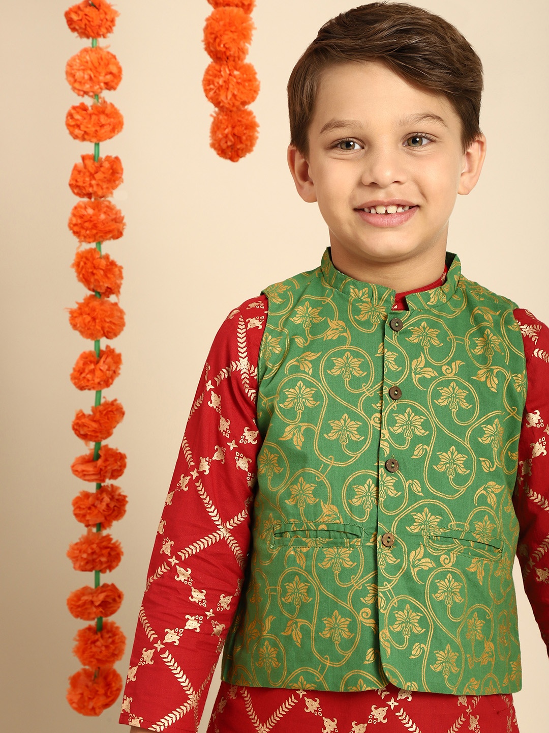 

House of Pataudi Boys Green Woven Design Pure Cotton Nehru Jacket