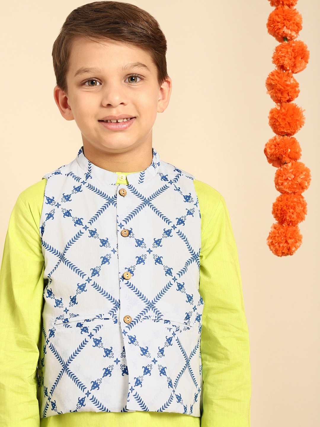 

House of Pataudi Boys White & Blue Printed Pure Cotton Nehru Jacket