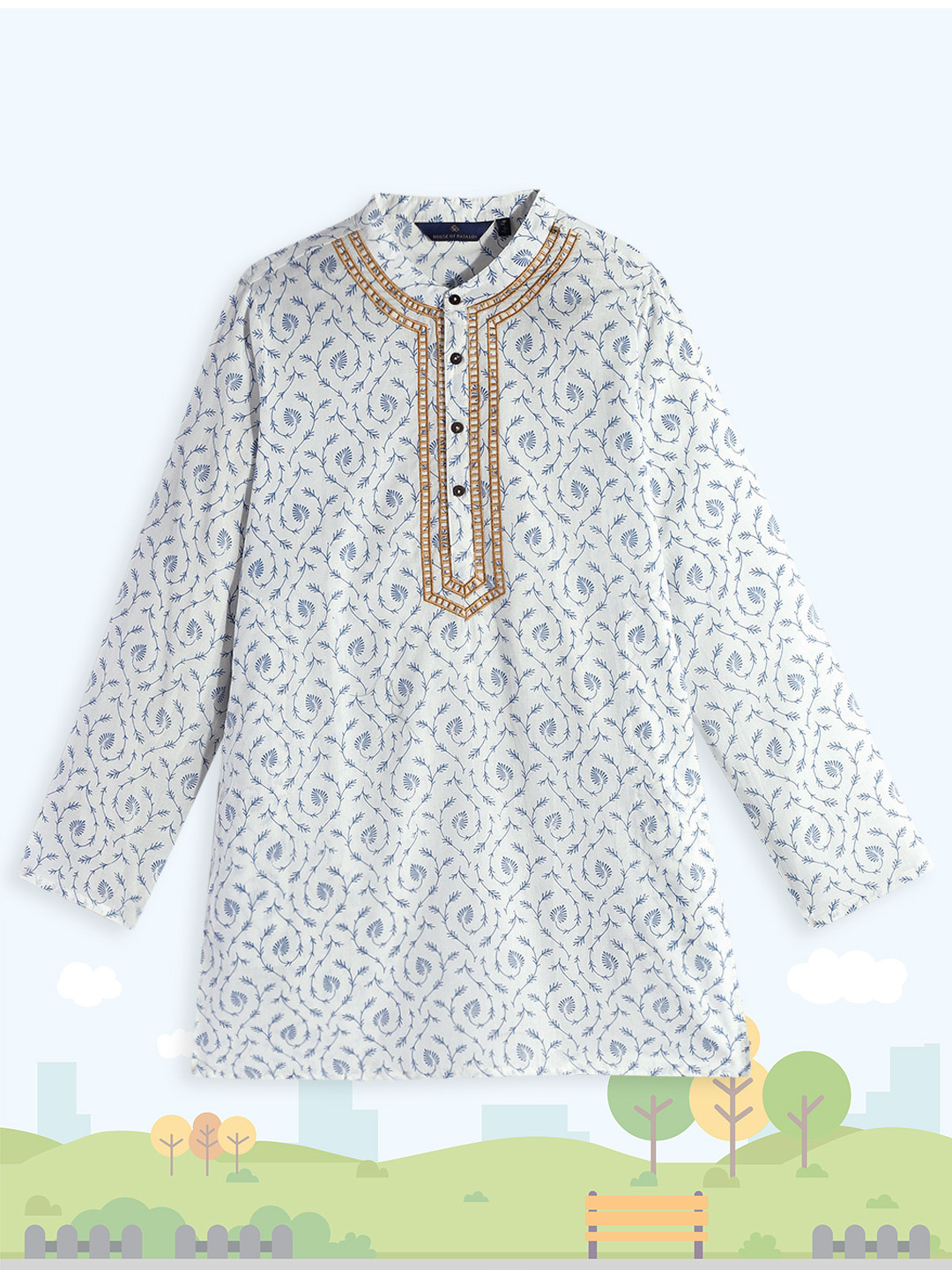 

House of Pataudi Boys White Printed Pure Cotton Kurta