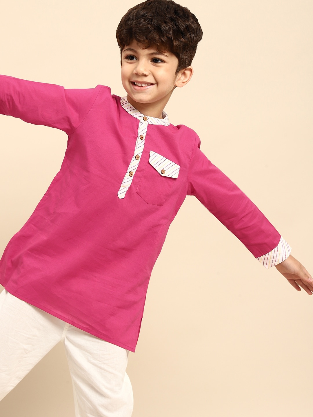 

House of Pataudi Boys Fuchsia & White Solid Pure Cotton A-Line Kurta