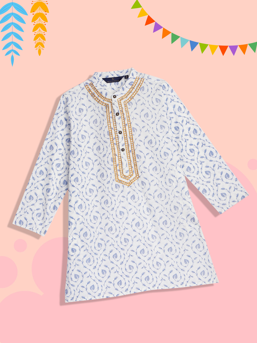 

House of Pataudi Boys White & Blue Pure Cotton Woven Design Kurta