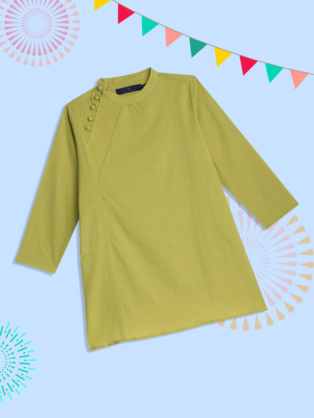 

House of Pataudi Boys Olive Green Solid Pure Cotton Kurta