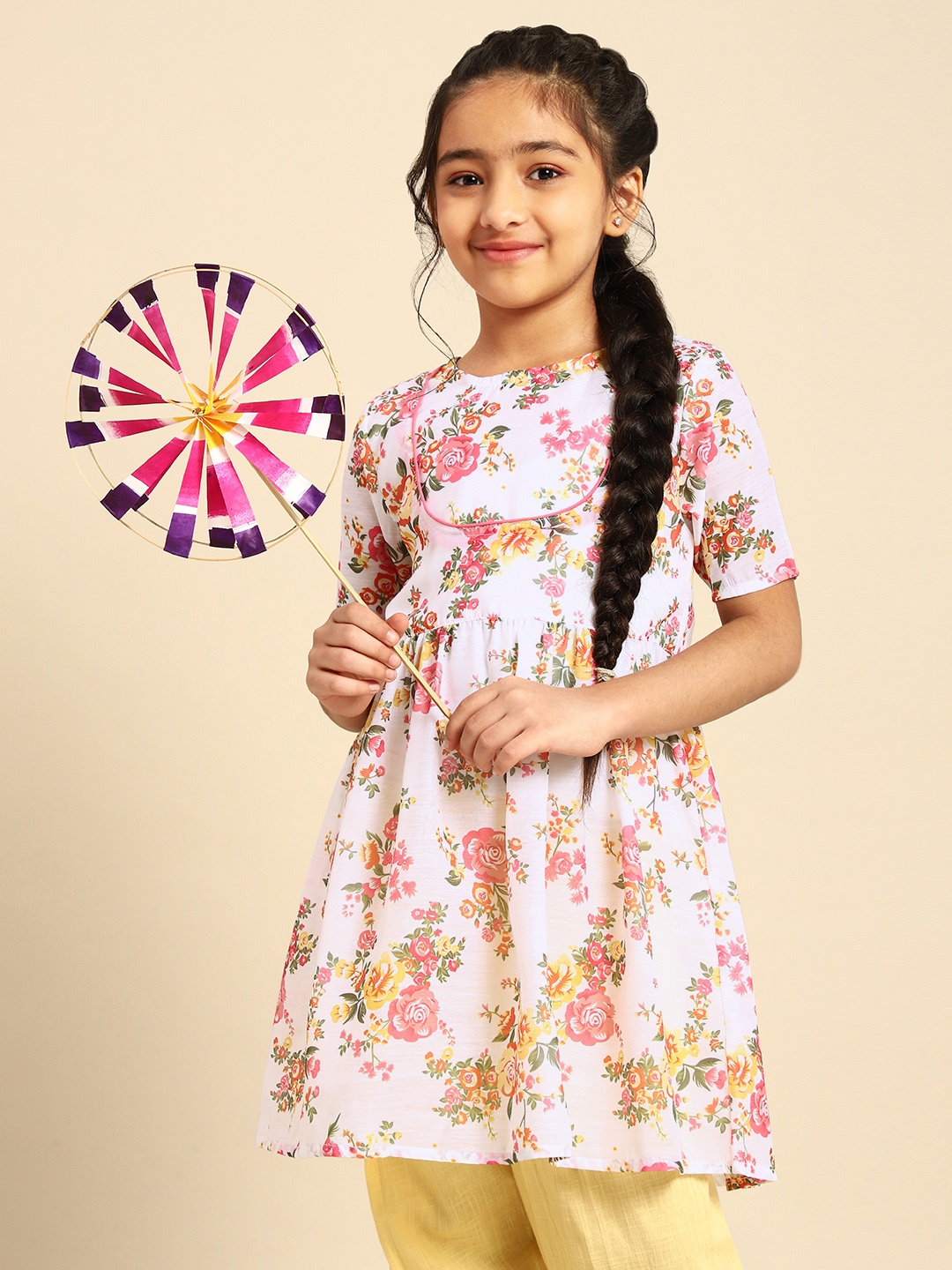 

House of Pataudi Girls White & Pink Floral Printed Kurta