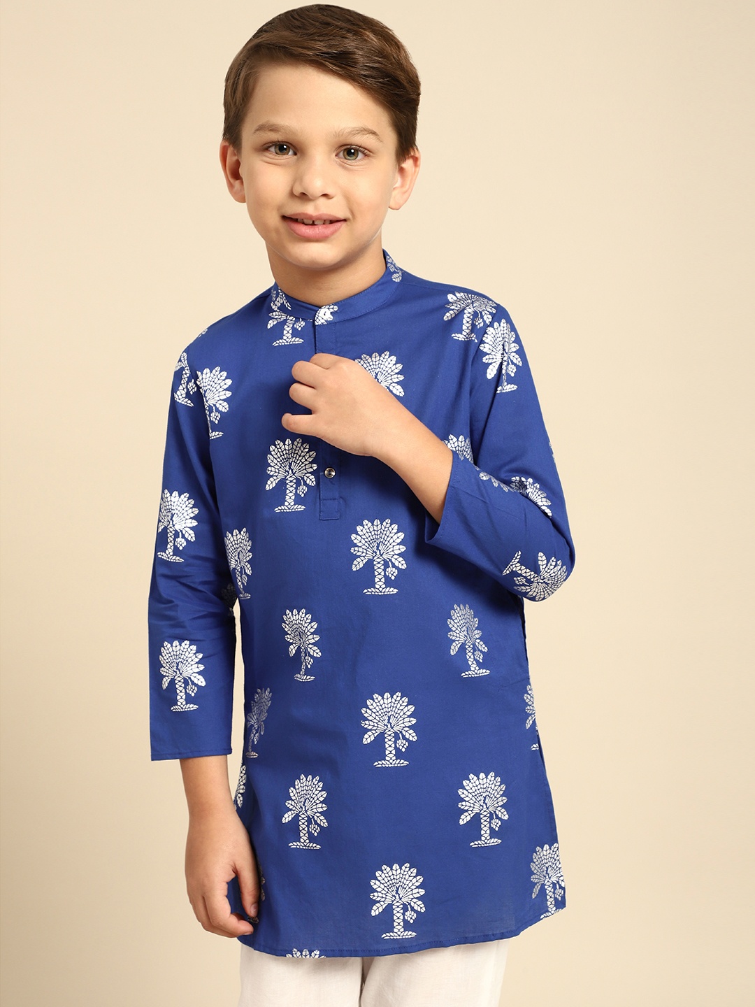 

House of Pataudi Boys Blue Printed Pure Cotton Kurta