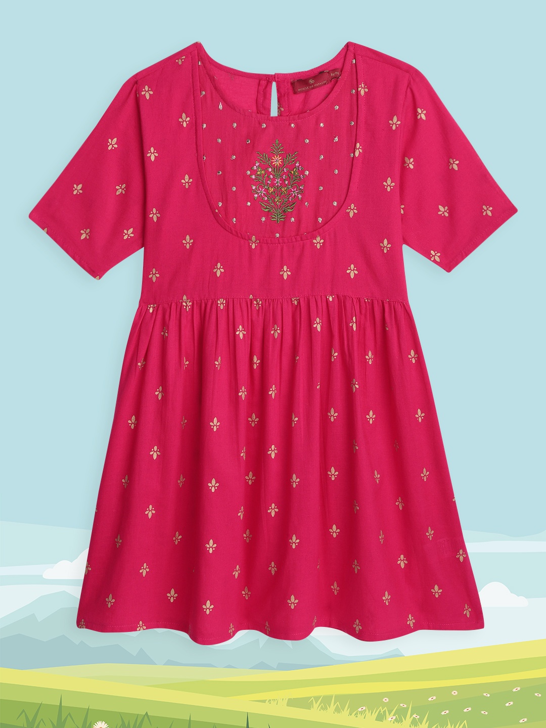 

House of Pataudi Girls Fuchsia Pure Cotton Ethnic Motifs Printed Kurta
