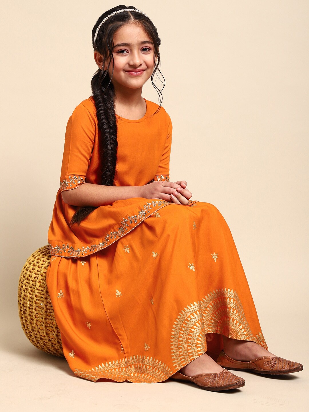 

House of Pataudi Girls Orange Printed Jashn Ready to Wear Lehenga Choli