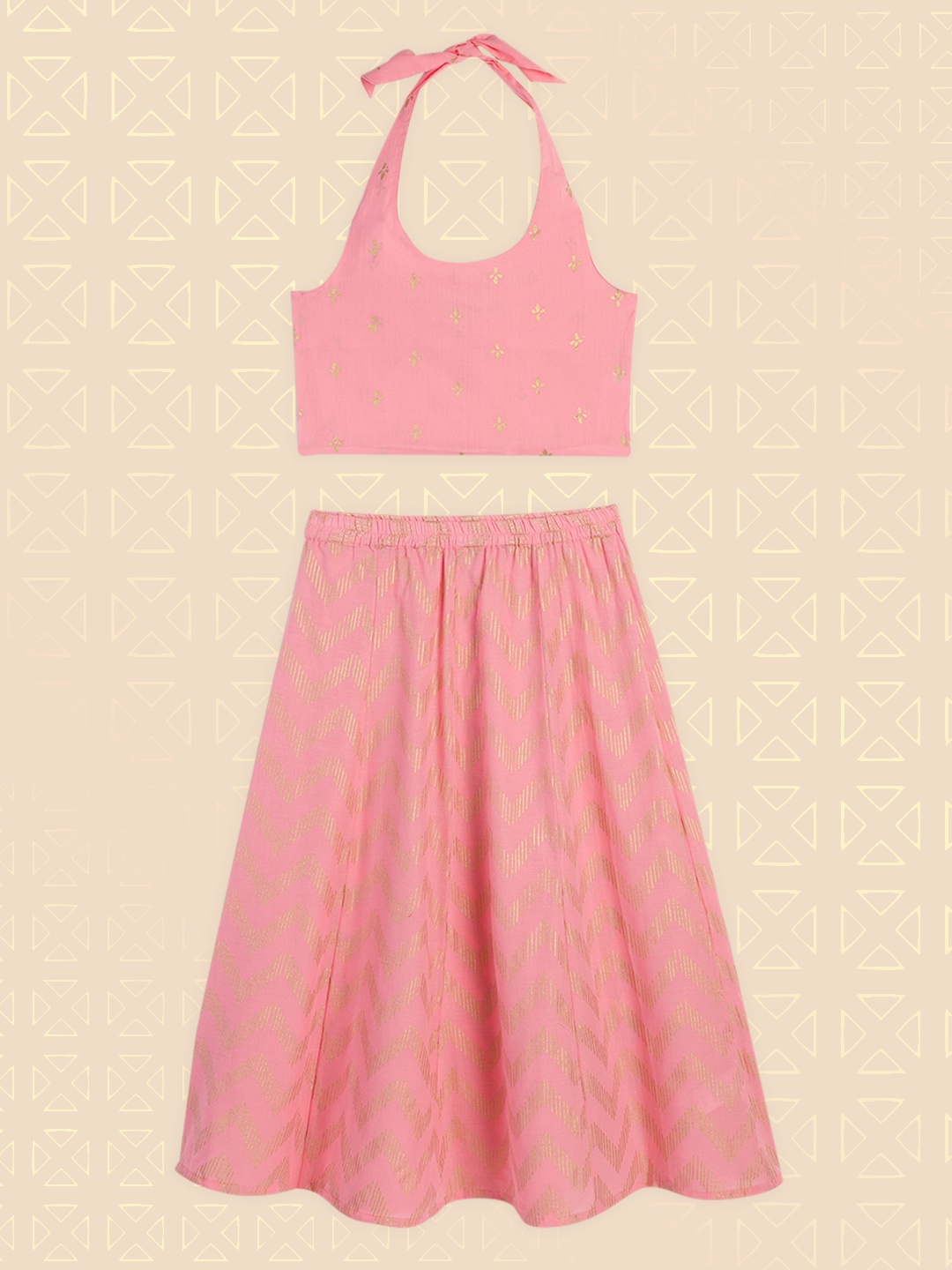 

House of Pataudi Girls Pink Jashn Printed Ready to Wear Pure Cotton Lehenga Choli
