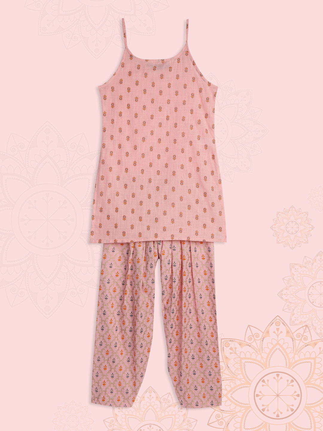 

House of Pataudi Girls Pink Ethnic Motifs Foil Printed Pure Cotton Kurti with Salwar