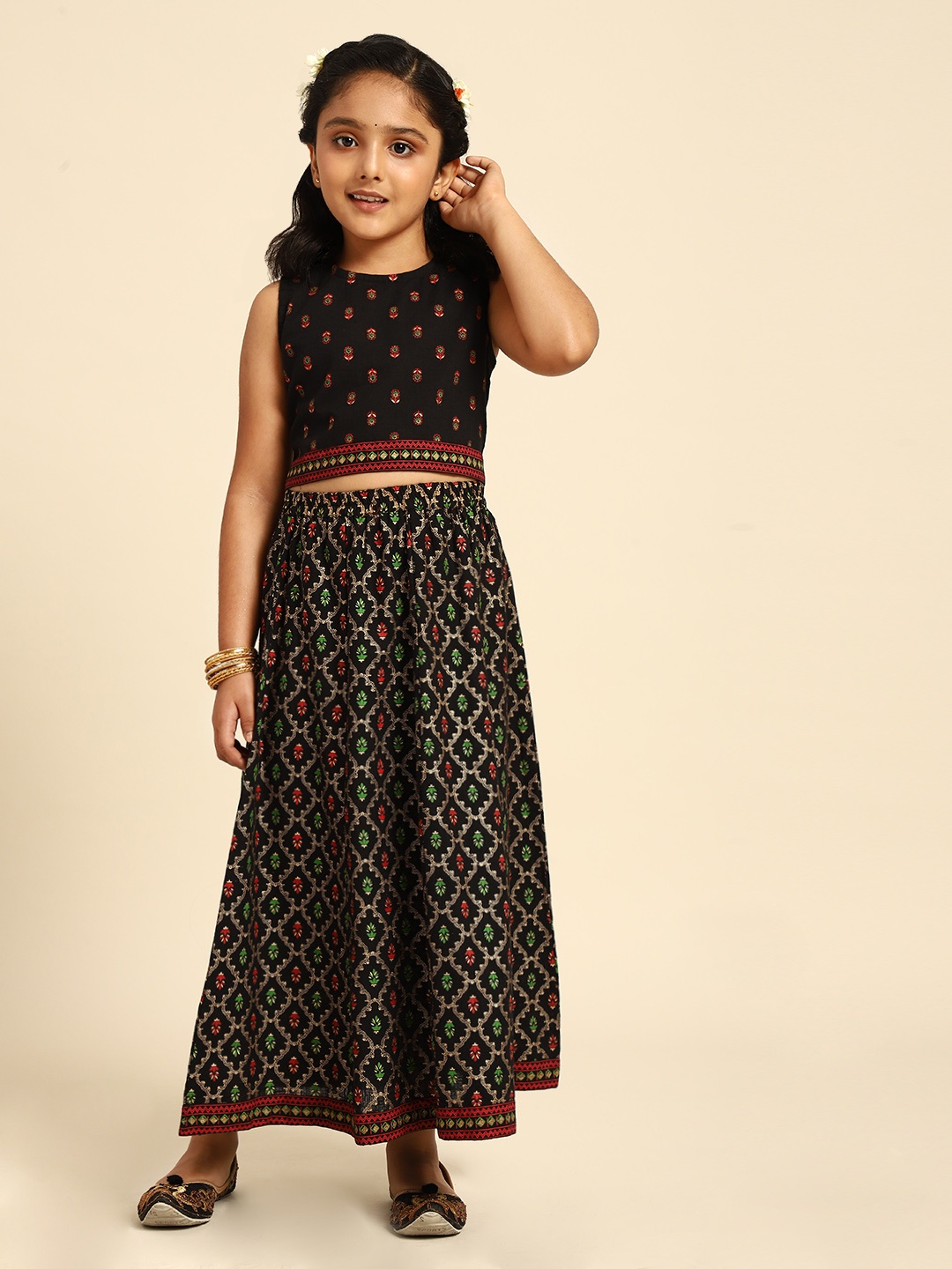 

House of Pataudi Girls Black Printed Ready to Wear Lehenga & Blouse