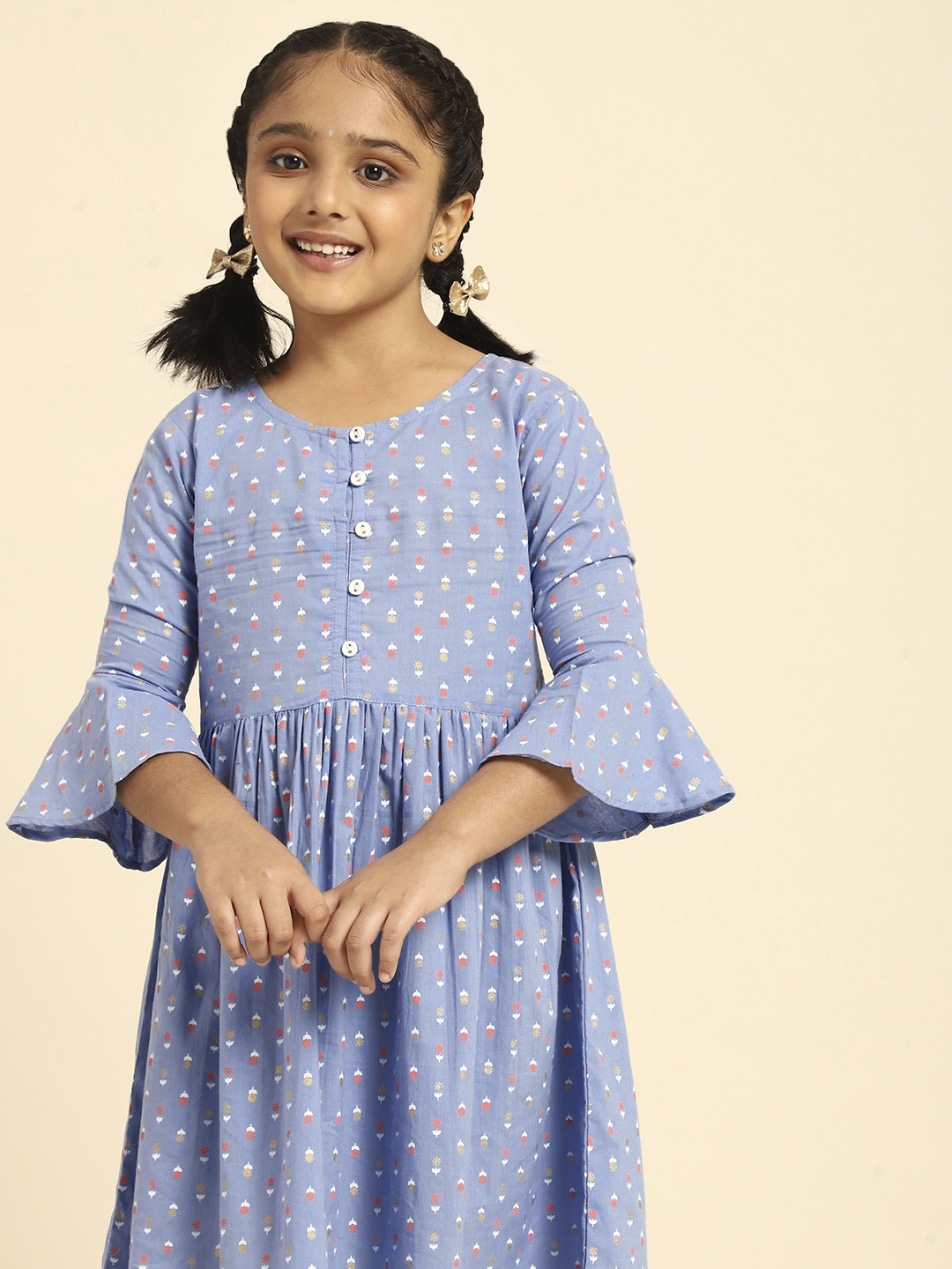 

House of Pataudi Girls Blue Printed Pure Cotton Anarkali Kurta