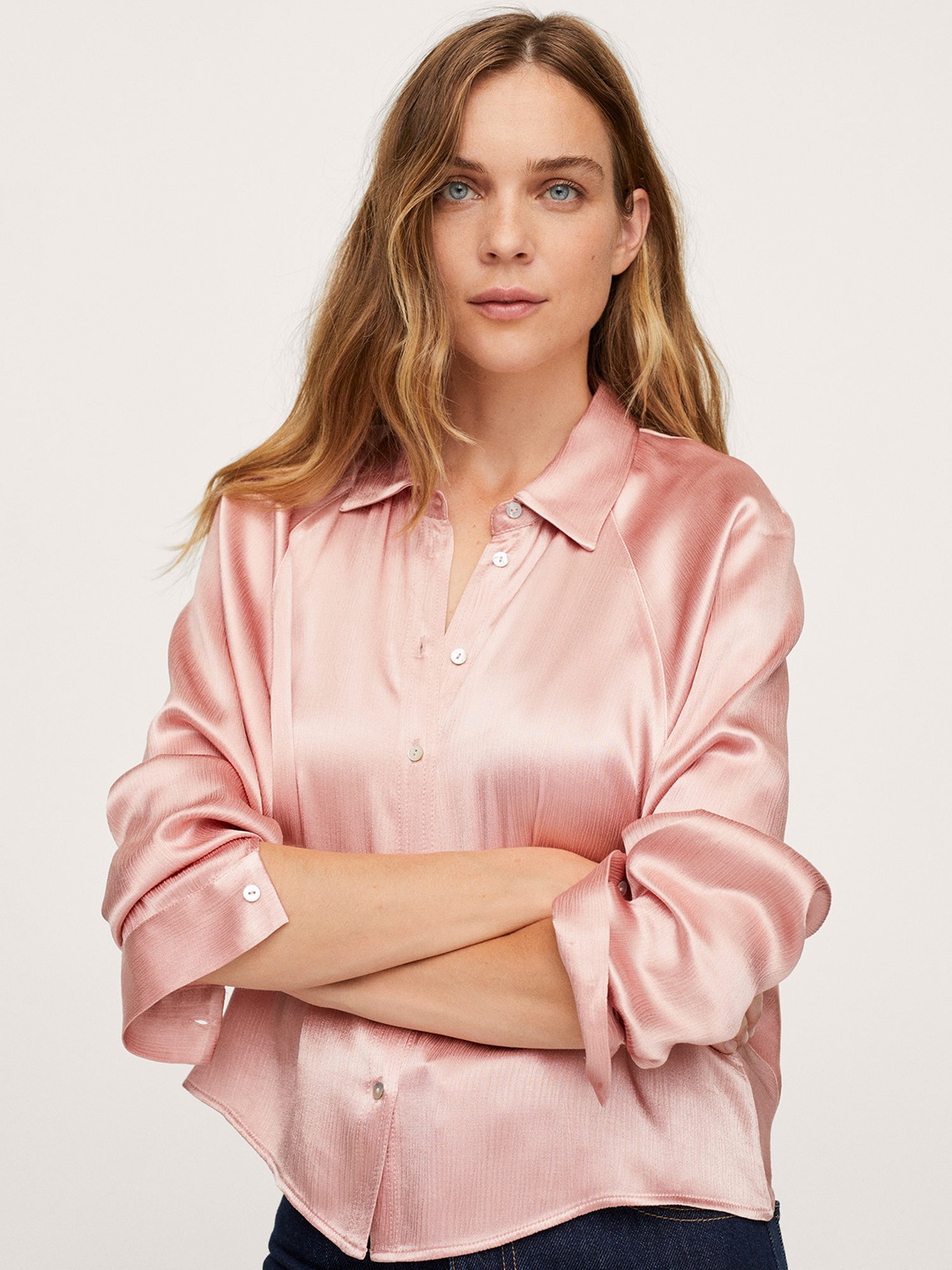 

MANGO Women Pink Satin Finish Solid Casual Shirt