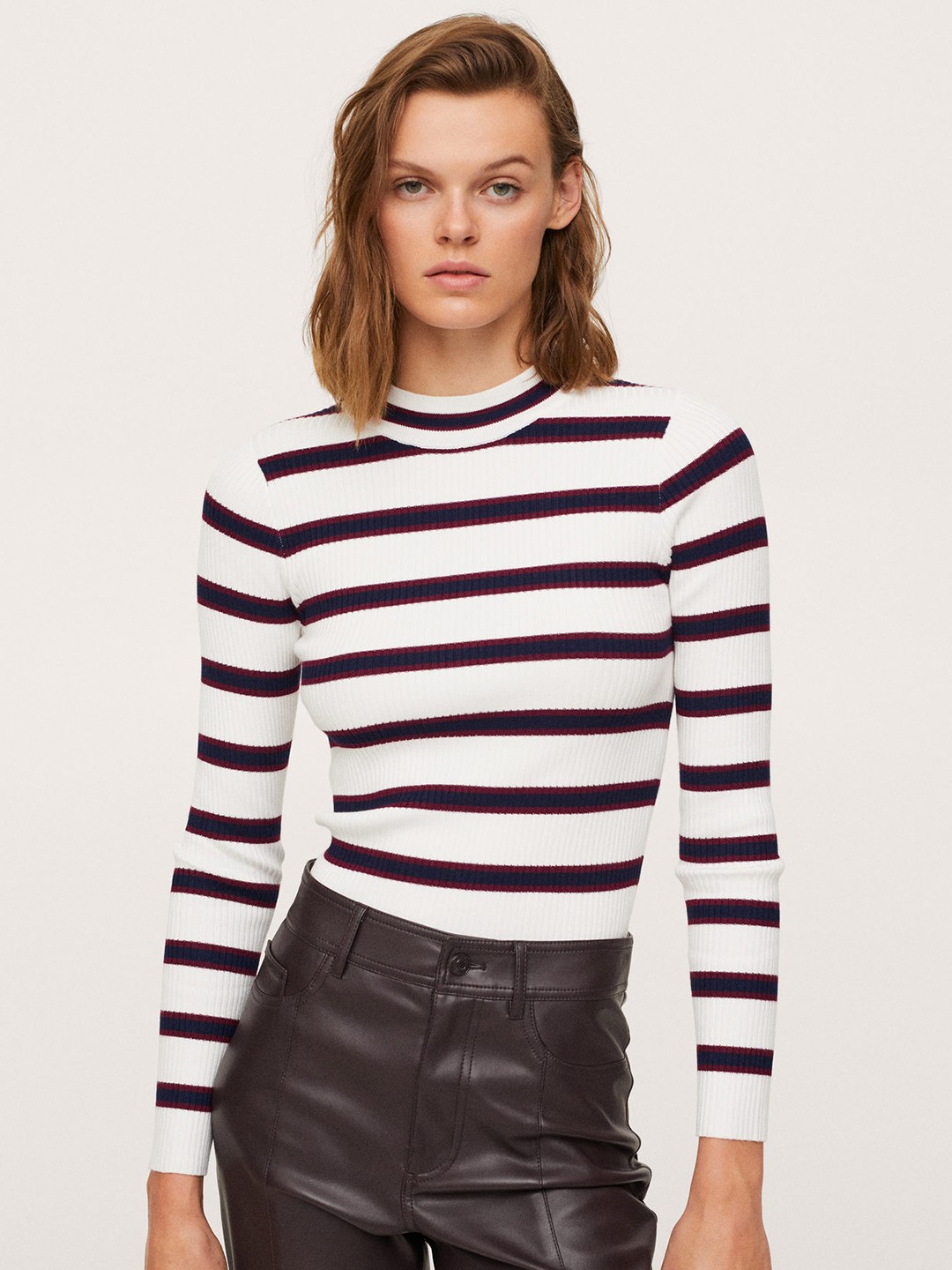 

MANGO Women White & Navy Blue Striped Pullover Sweater