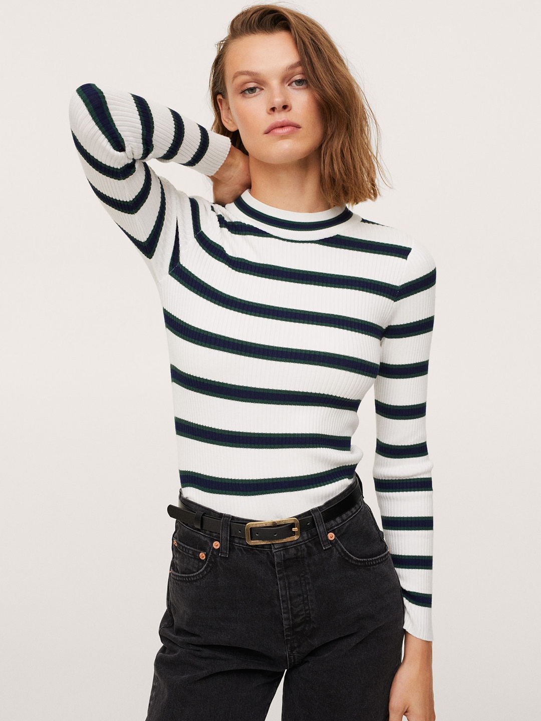 

MANGO Women White & Navy Blue Striped Pullover Sweater